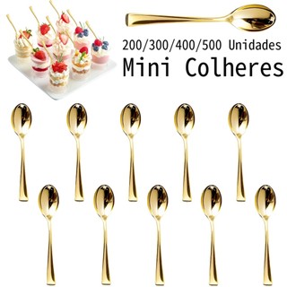 Kit 200/500 Colherinhas descartáveis de plástico dourado metálico para festas, sorvete e aperitivos