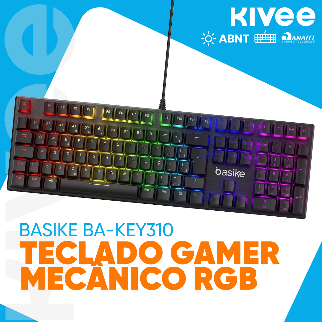 KIVEE Teclado Gamer KEY310 Semi Mecânico ABNT2 RGB Retroiluminado Anti-Ghosting Multimídia USB PC Notebook Console