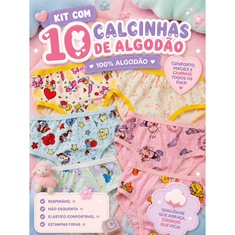 Kit 10 Calcinha Infantil Menina Algodão Estampadas Feminina Criança Confortáveis
