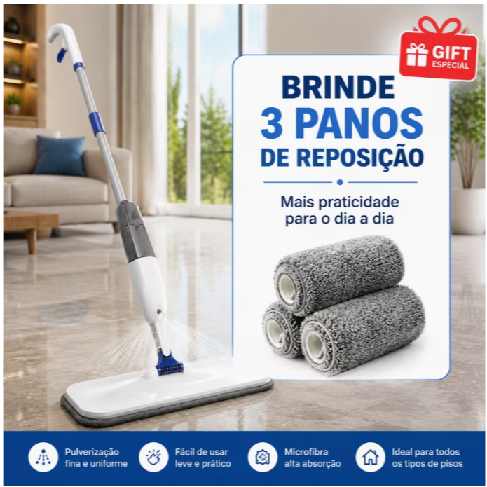 Mop Spray com 4 Pano Rodo Inteligente com Reservatório Vassoura com 4 Pano Microfibra Borrifa Limpa e Seca