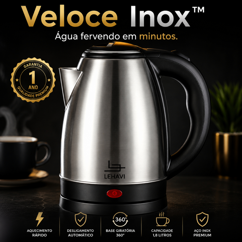 Chaleira Elétrica Inox 1,8L 220V Aquecimento Rápido  Desligamento Automático Lehavi Veloce Inox™