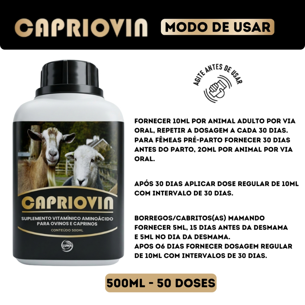 Suplemento Vitamínico Capriovin 500ml Ovinos Caprinos Aumenta Conversão Alimentar e Produção de Lã — imagem 2 de 2