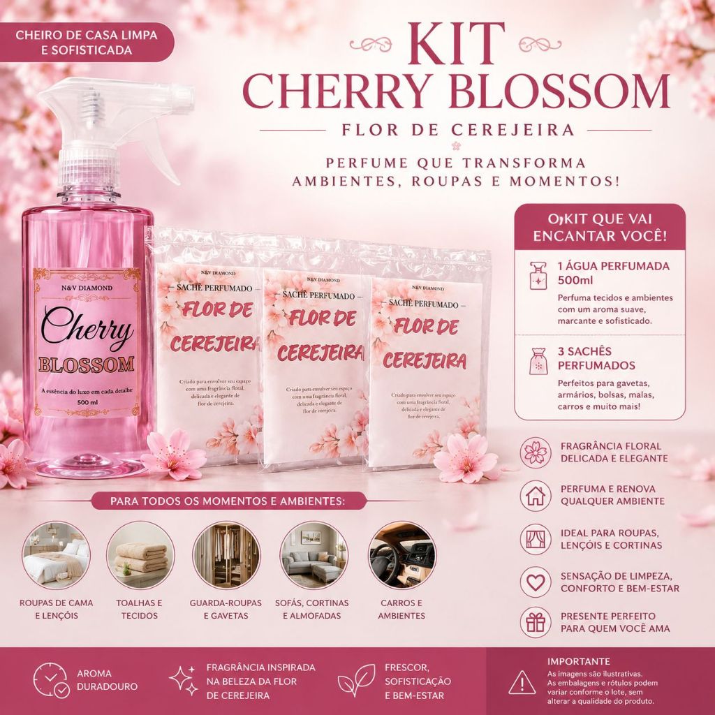 kit Água Perfumada 500ml + 3 Sachês aromaticos para Casa e Roupas etc N&V Diamond Cherry Blossom(flor de cerejeira)Luxo