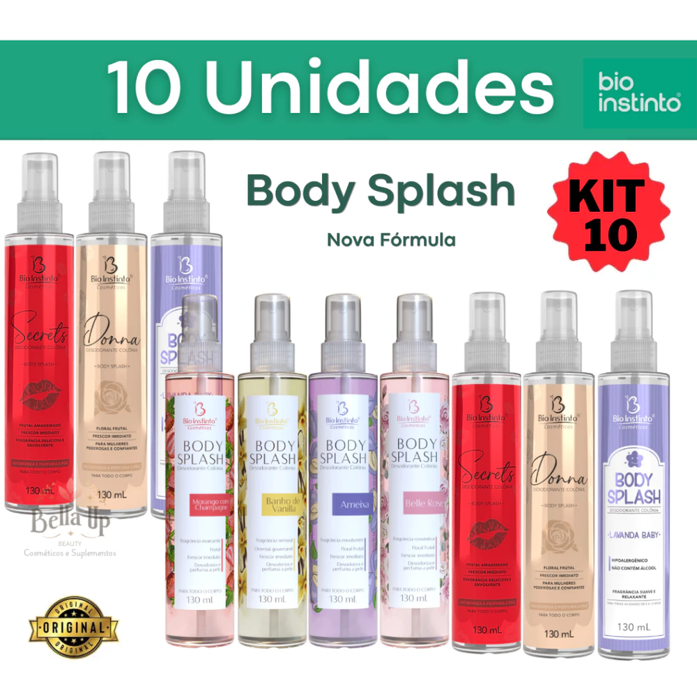 KIT 10 BODY SPLASH BIO INSTINTO DESODORANTE COLONIA PERFUME CORPORAL morango, vanilla, donna