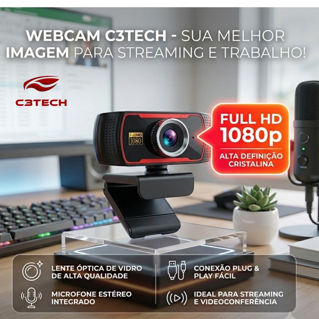 Webcam C3tech Camera Usb Wb-100bk Full Hd 1080p 30FPS Microfone USB