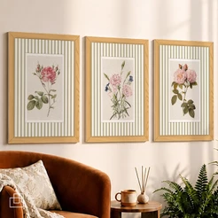 Kit 3 Quadros Decorativos Listrados Decoração Quarto Sala Flores Retrô Vintage Romatico