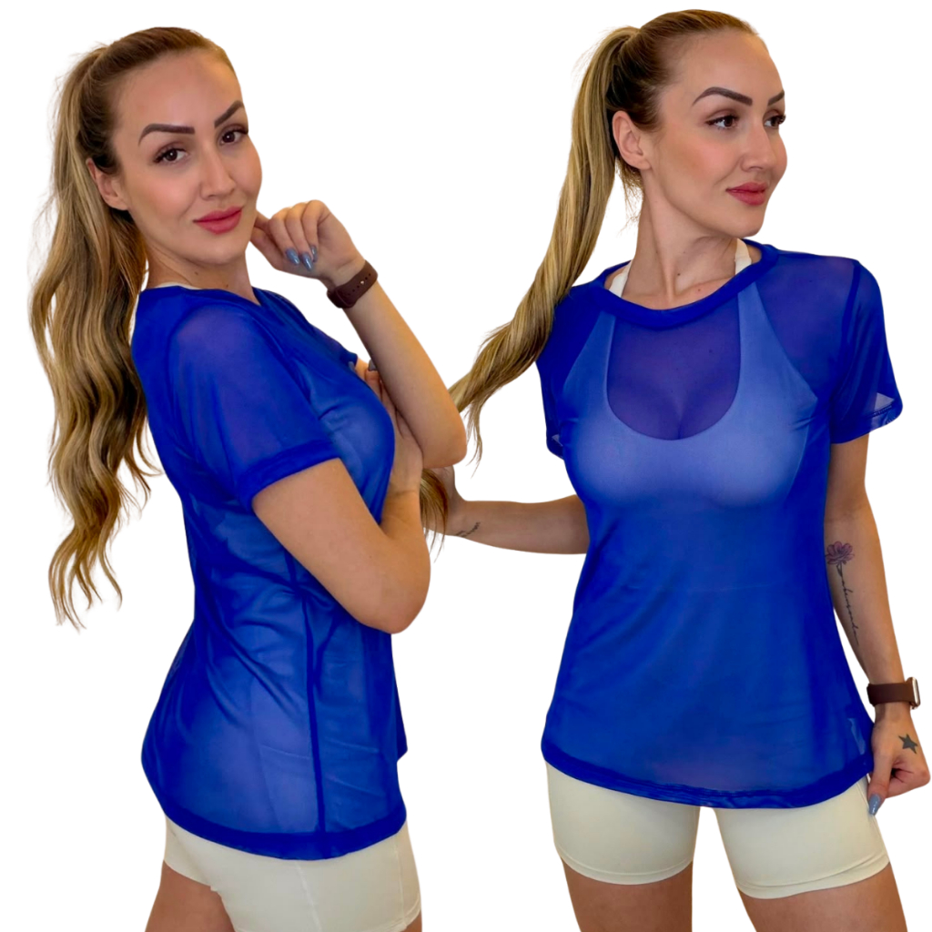 Blusa Feminina Tulê Fitness Academia Transparente Dry Fit
