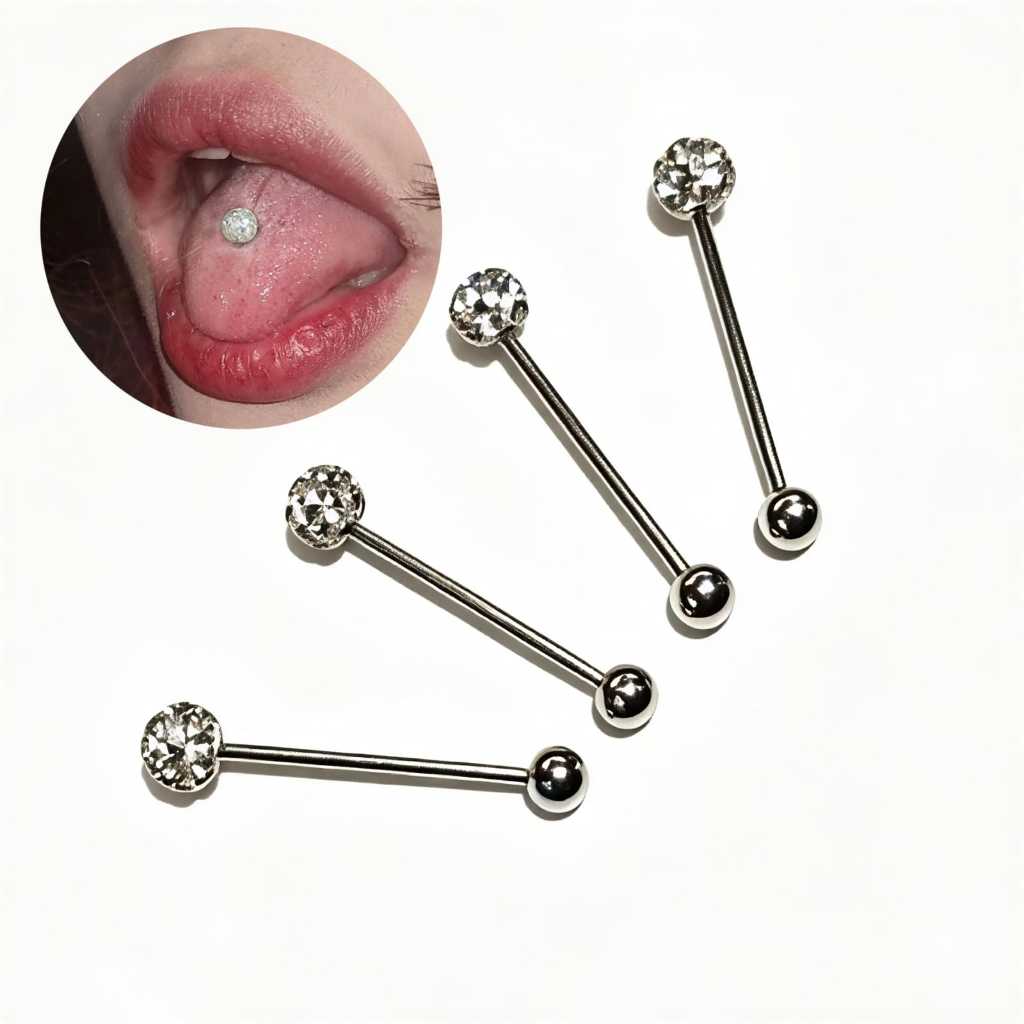1 Peça Piercing Lingua Prata Decorado Pedra Strass Brilho, Modelo Bolinha