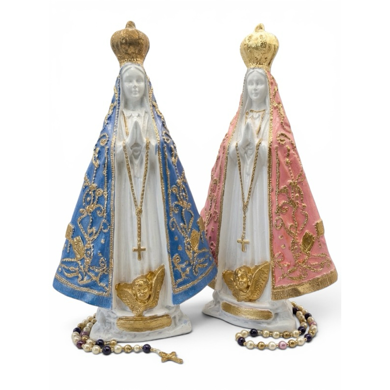 Imagem De Nossa Senhora Aparecida Em Gesso 25cm Decorada Luxo Religiosa Casamento Altar Manto Azul Rosa Batizado
