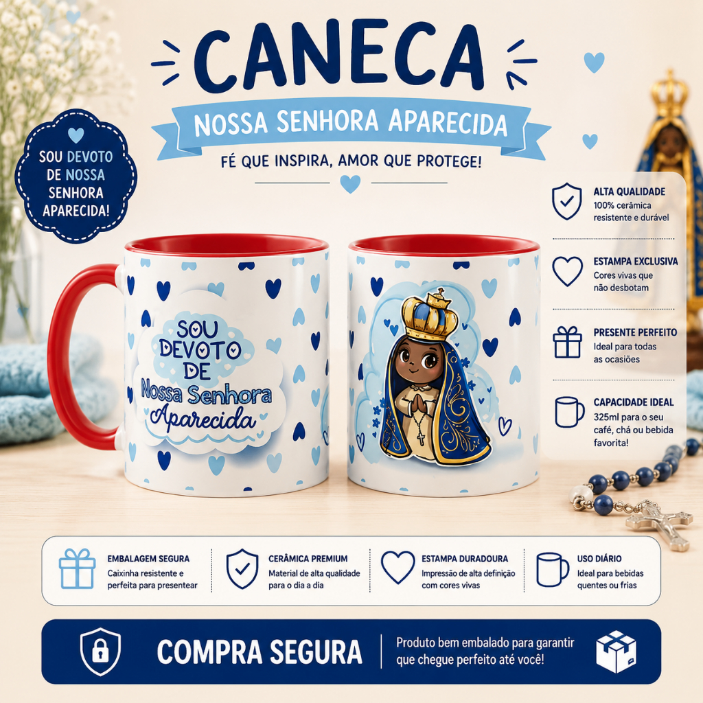 Caneca Nossa Senhora Aparecida Fofa Presente Religioso Católico Fé Café Chá decoração presente 325ml