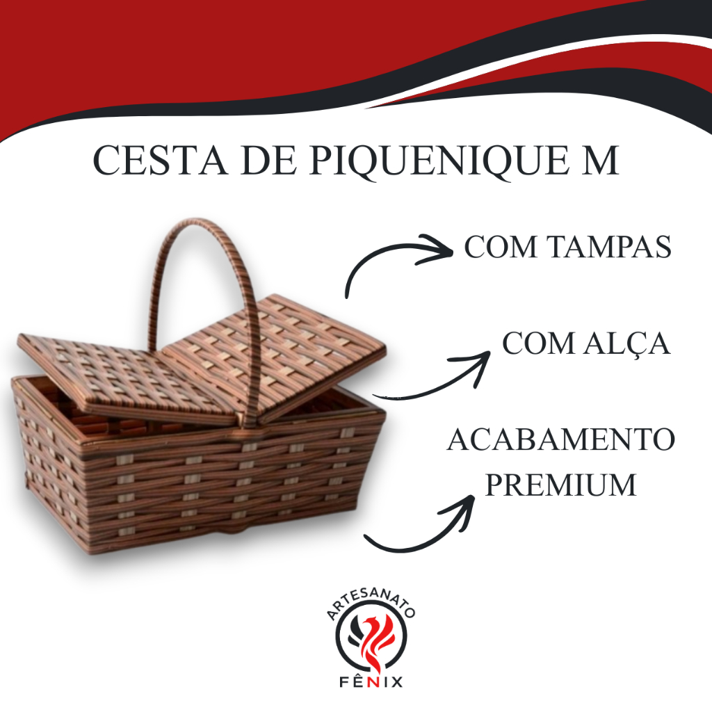 Cesta de Piquenique Fibra Sintética Média 40x25x14 Café da Manhã Luxo Resistente (Vime Sintético)