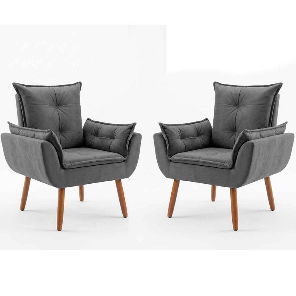 2 Poltronas Luxo Para Escritório Sala de Recepção Pés Madeira de Eucalipto