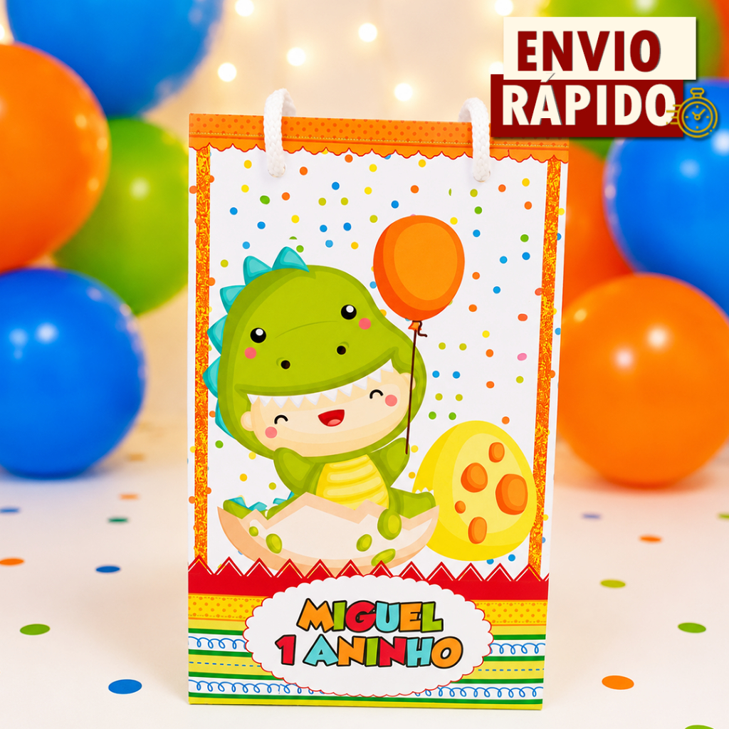 Sacolinha Personalizada P - Dino Baby Dinossauro - PEGU E MONTE - Lembrancinha Festa Aniversário