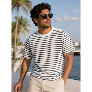 Camiseta Listrada Masculina Básica,Casual e Versátil para Verão e Trabalho