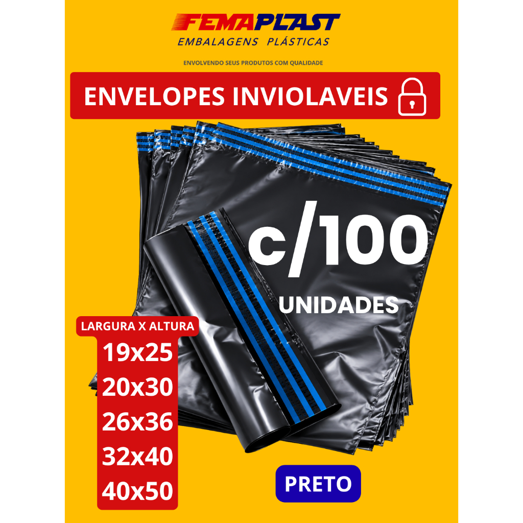 100un Envelope de segurança P/envios ecommerce  MAIS VENDIDOS 19X25/20X30/26X36/32X40/40X50