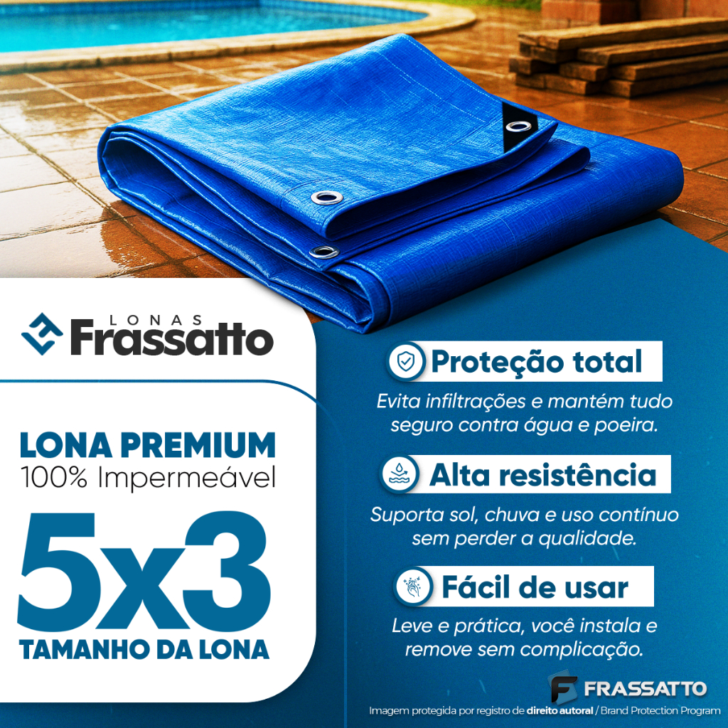Lona Impermeavel 5x3 ou 3x5 Azul Reforçada Multiuso Piscina Proteção Uv Com Ilhós Frassatto + Corda · foto 2