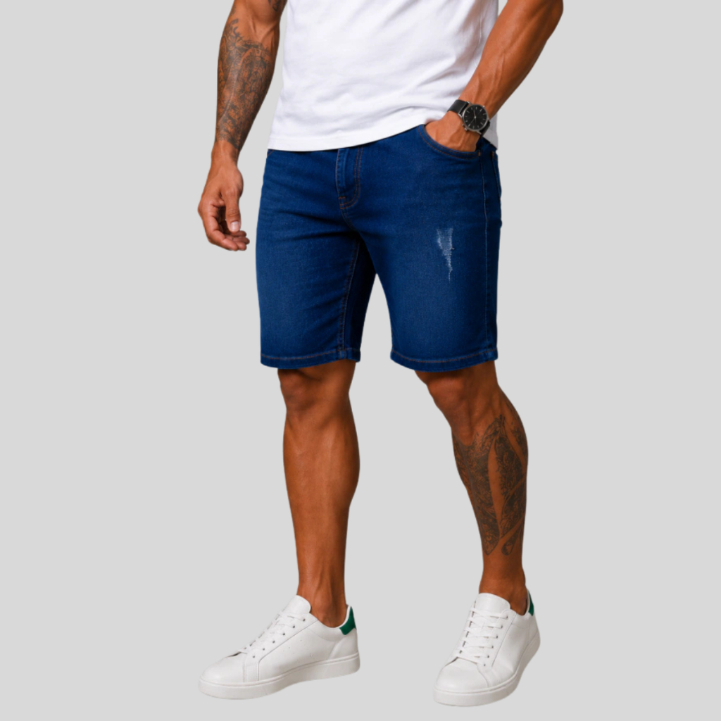 Bermuda Jeans Masculina  Azul com Puído e Elastano Estica Confortável Masculina - Dia dos Pais