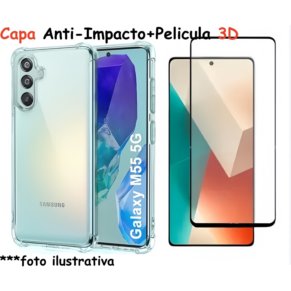 Kit Capa Anti Impacto Transparente + Película Vidro 3D P/  Compatível Com Samsung M55