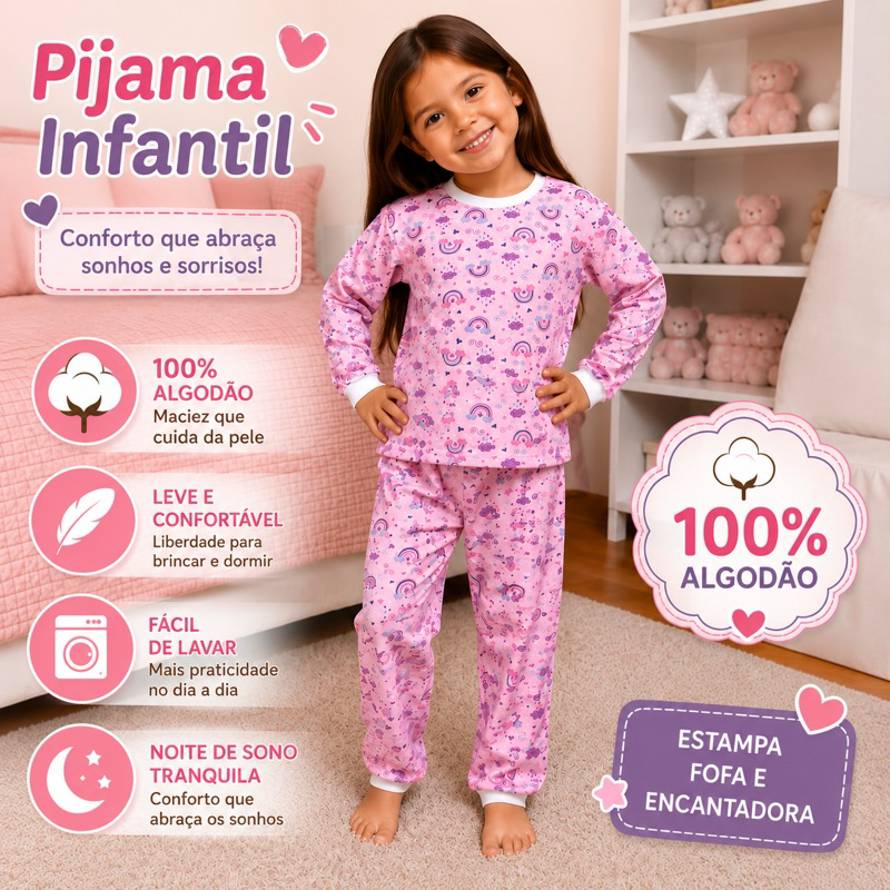 Pijama Infantil Menina Algodão 100% Manga Longa Conjunto Calça + Blusa Macio Confortável Estampas Sortidas