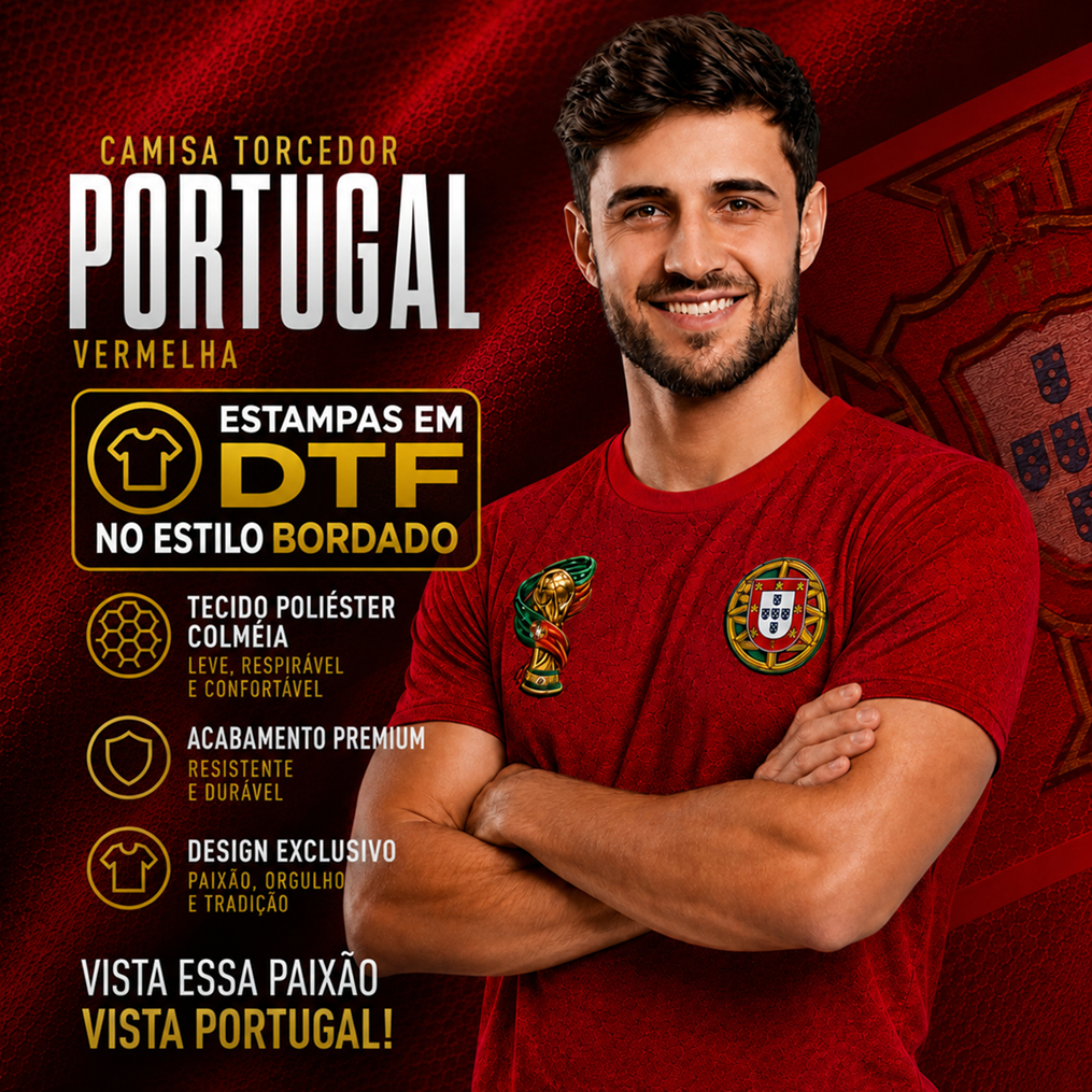 Camisa Portugal Torcedor Vermelha Estampa DTF Poliéster Colmeia Masculina Respirável