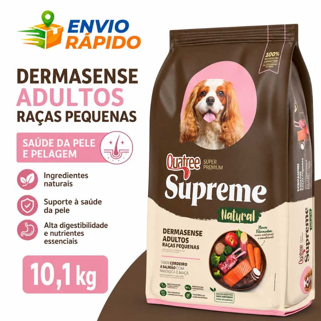 Ração Dermasense Quatree Supreme Dermato Raças Pequenas 10kg Pele e Pelagem Saudável Sem Corantes