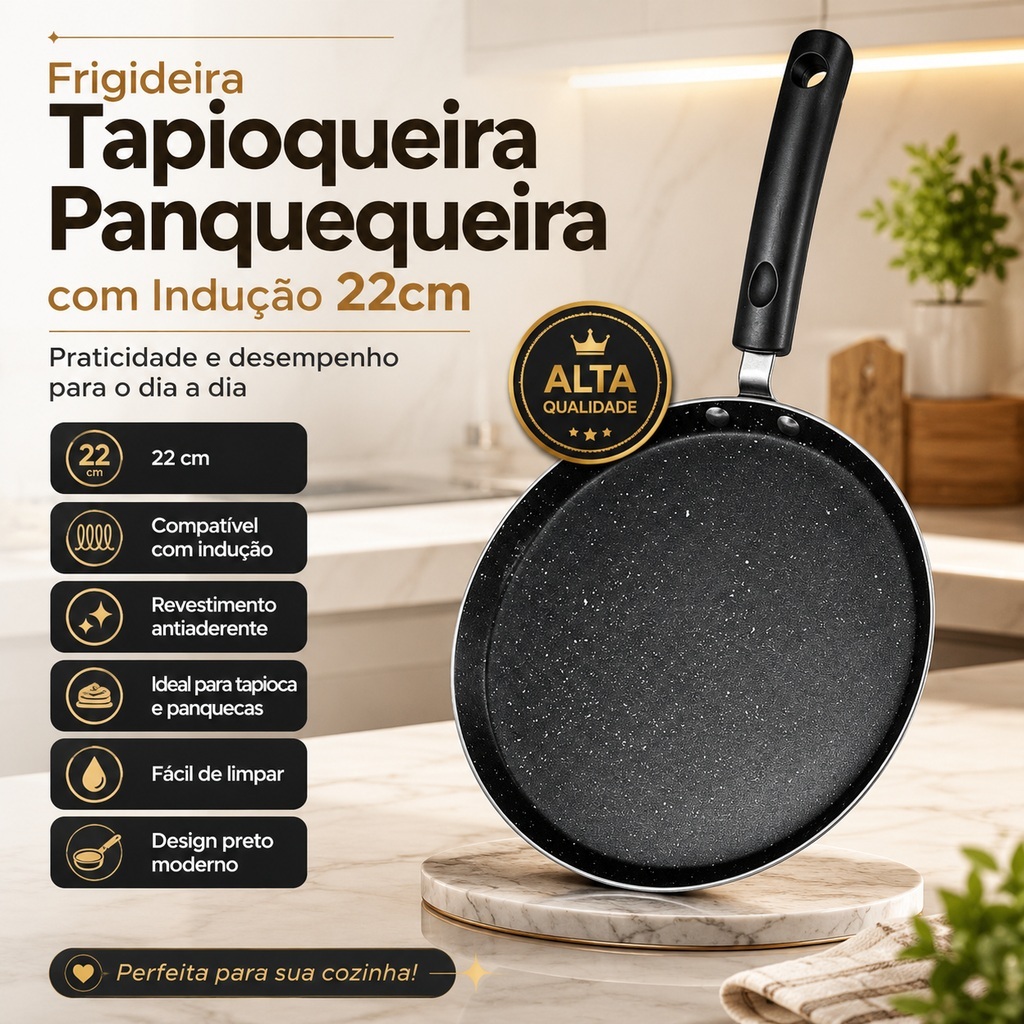 Frigideira Tapioqueira Panquequeira Crepeira Indução Antiaderente 22 cm Preta para Tapioca Panqueca!