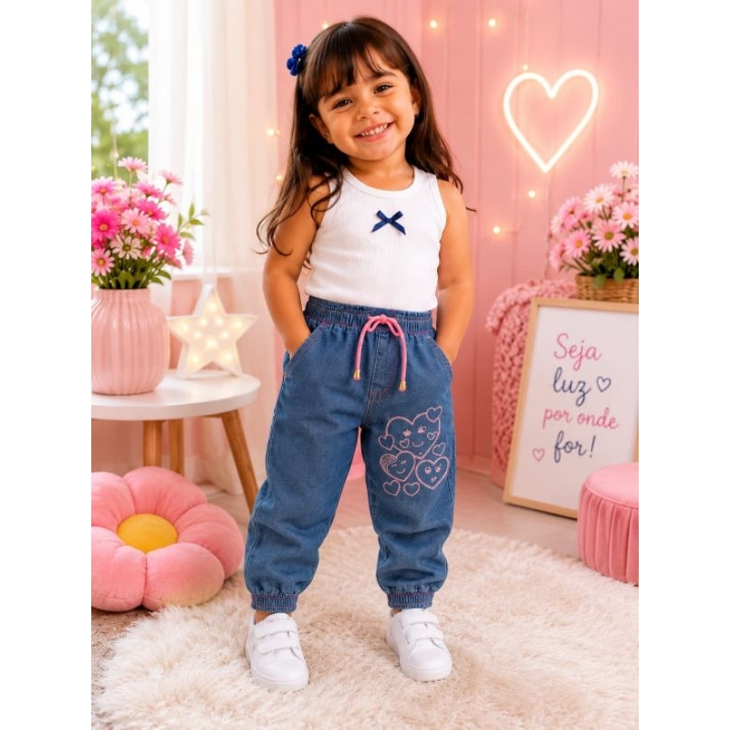 Calça Jeans Jogger Menina Moda Infantil Varias Estampas Stitch 1 ao 10 Anos