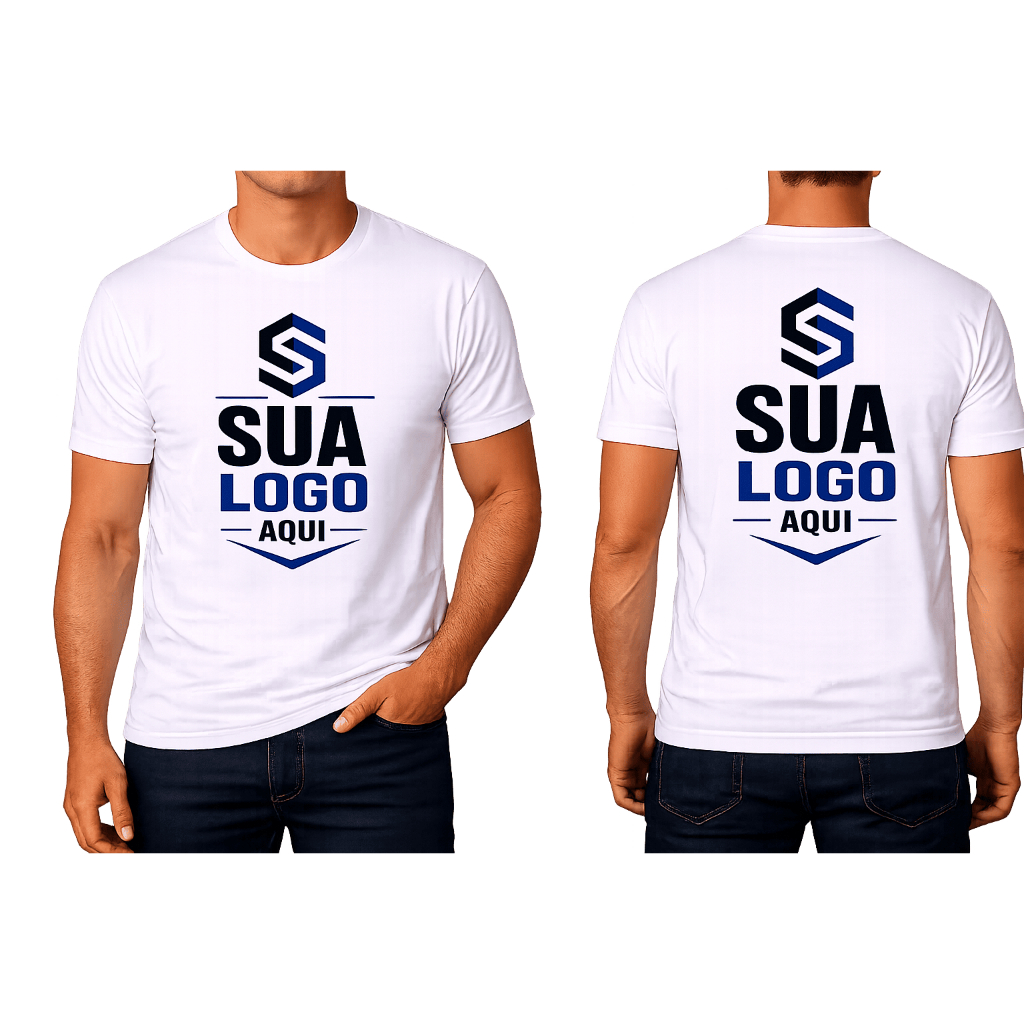 Camiseta Branca Personalizada com Foto Frase ou Logo Estampa Digital Unissex 100% Poliéster