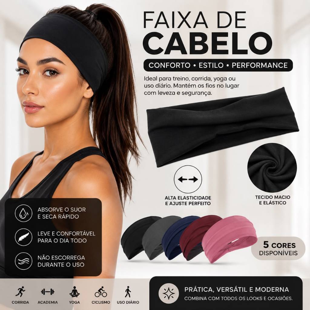 Faixa de Cabelo Feminina Fitness em Tecido com Elastano – Confortável para Academia, Corrida e Dia a Dia