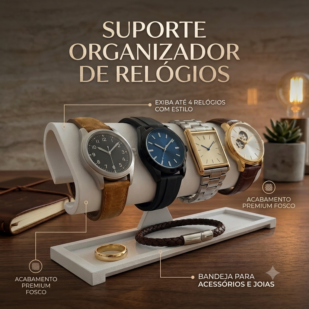 Suporte Organizador Porta Relógios Expositor de Mesa com Bandeja para 4 Relógios e Joias