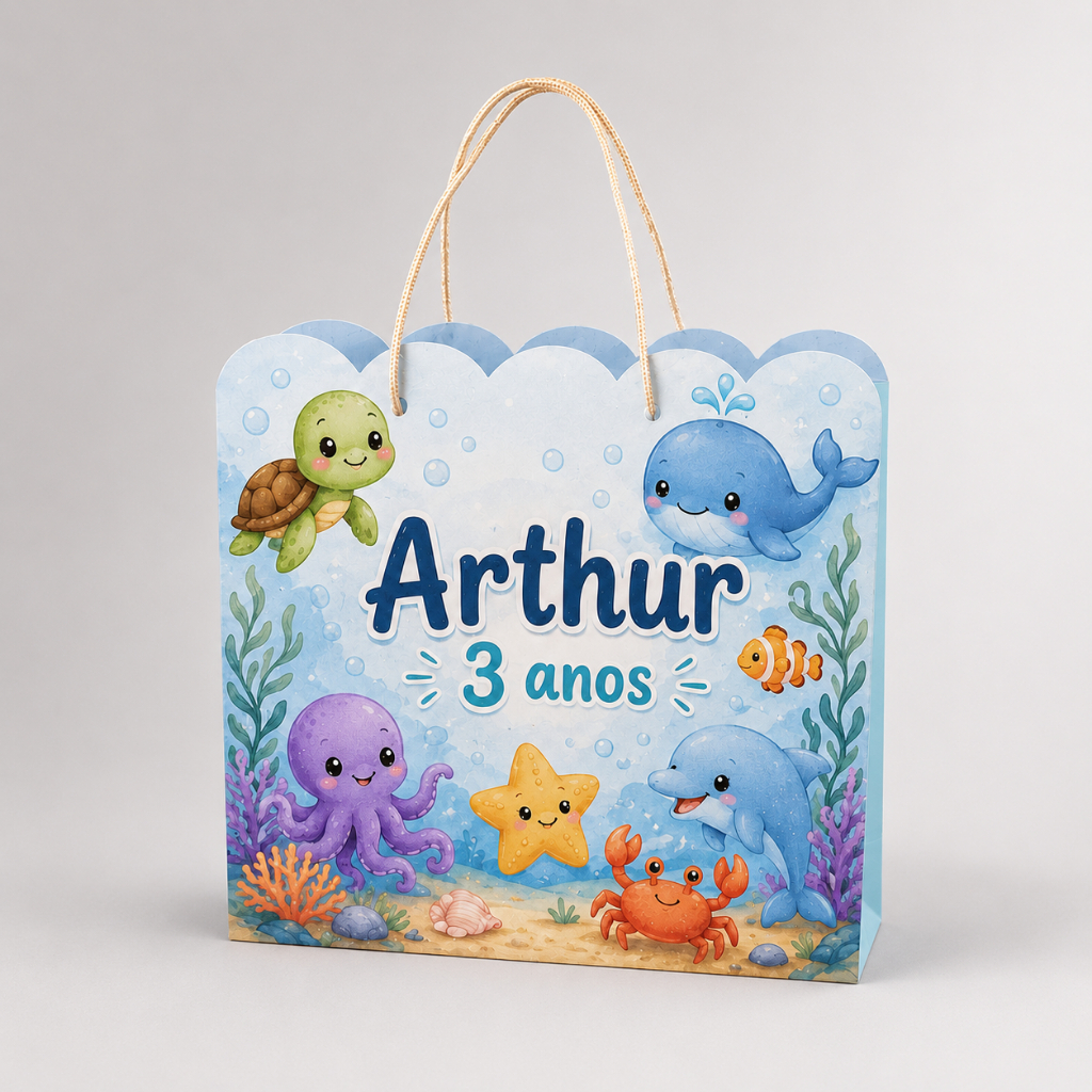 Sacolinhas Personalizadas Festa Aniversário Fundo do Mar Lembrancinha Pegue E Monte Com Alça 20x15x5