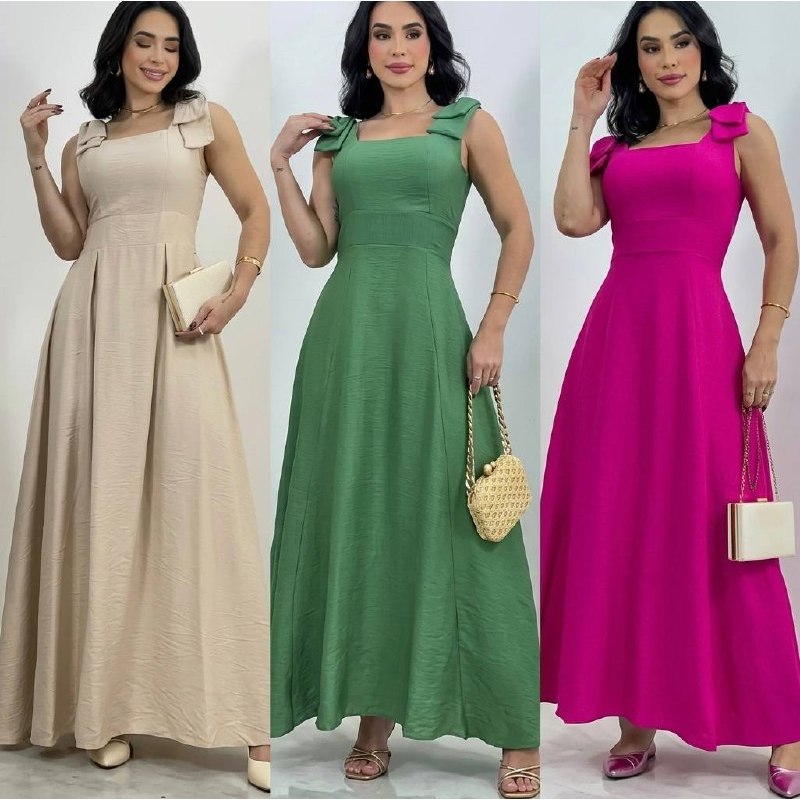 Vestido longo com laço nos ombros, bojo, forro e elastex nas costas moda evangélica, formatura, casamento, festa casual