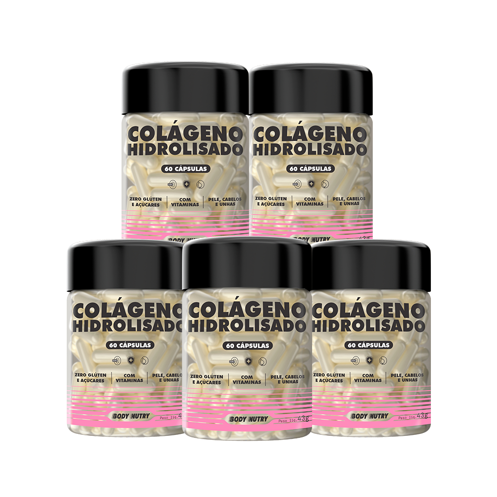 5x Colágeno Hidrolisado Revitaliza e Fortalece Unhas Cabelos e Pele - 300 Cápsulas - Body Nutry