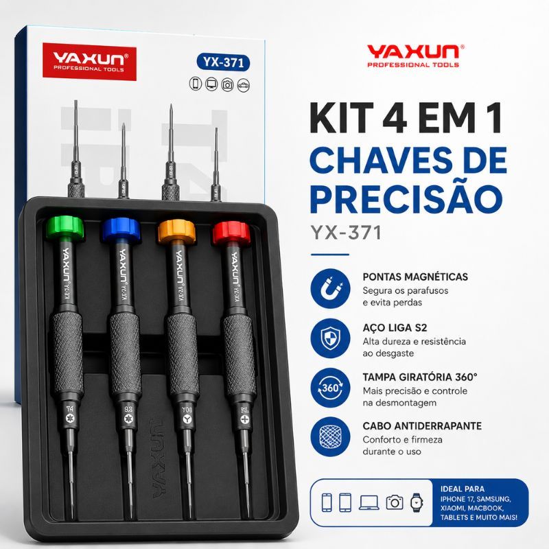 YAXUN YX-371 Kit 4 Chaves Precisão Magnéticas S2 para iPhone 17 Samsung Xiaomi N