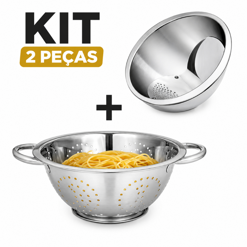 Kit Escorredor Macarrão 24cm + Escorredor de Arroz 20cm Aço Inox Resistente Utensílios de Cozinha
