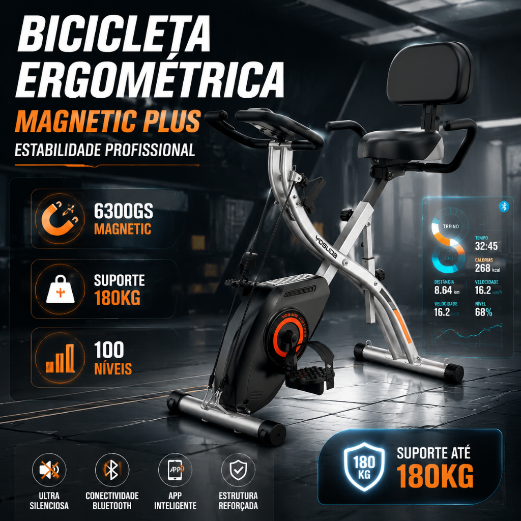 Magnetic Bicicleta Spinning Ergométrica 5 em 1 Bluetooth 16 Resistências 180kg Profissional Dobrável