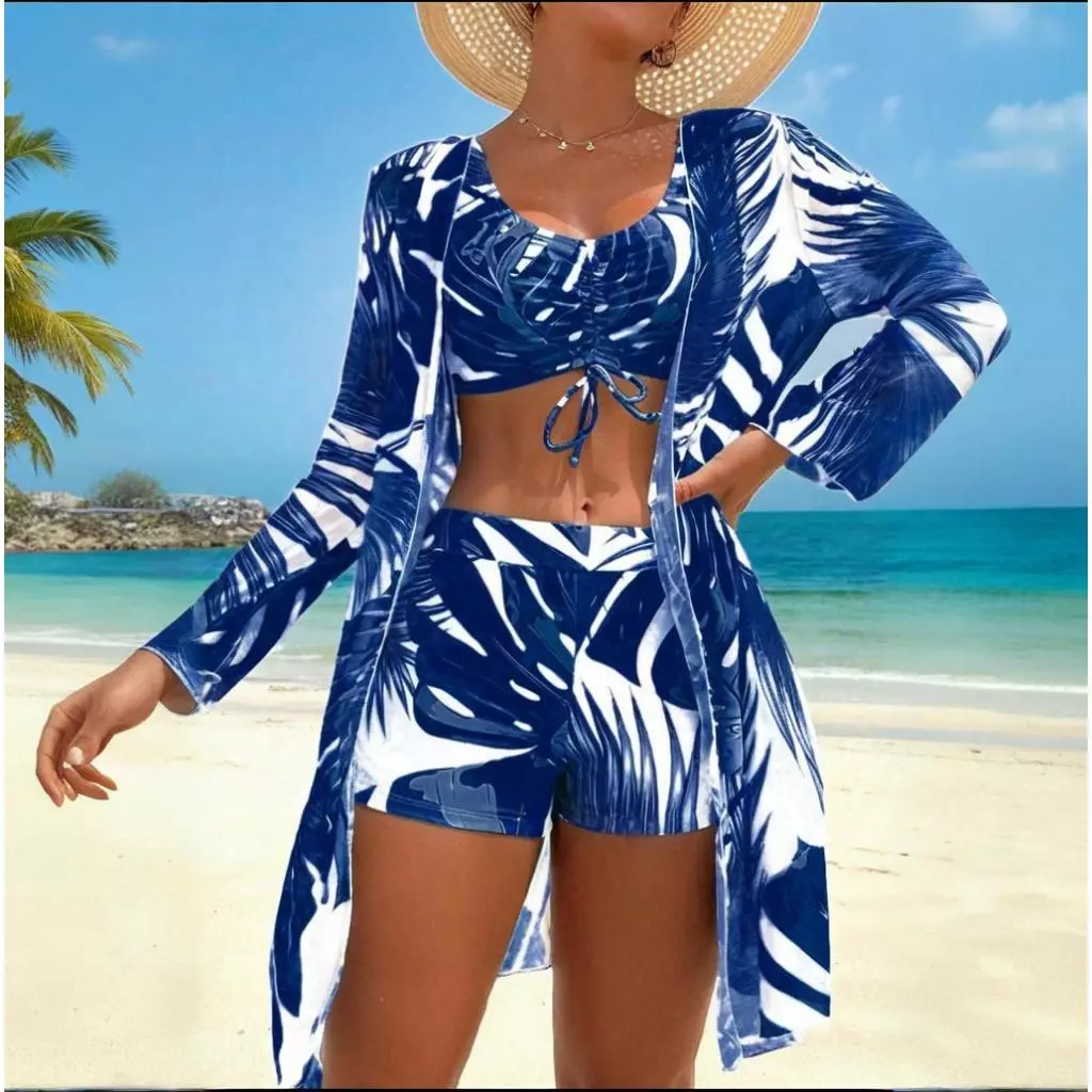 Conjunto De Maiô Biquíni Feminina 3 Peças Estampado De Manga Longa Em Como Kimono — imagem 1