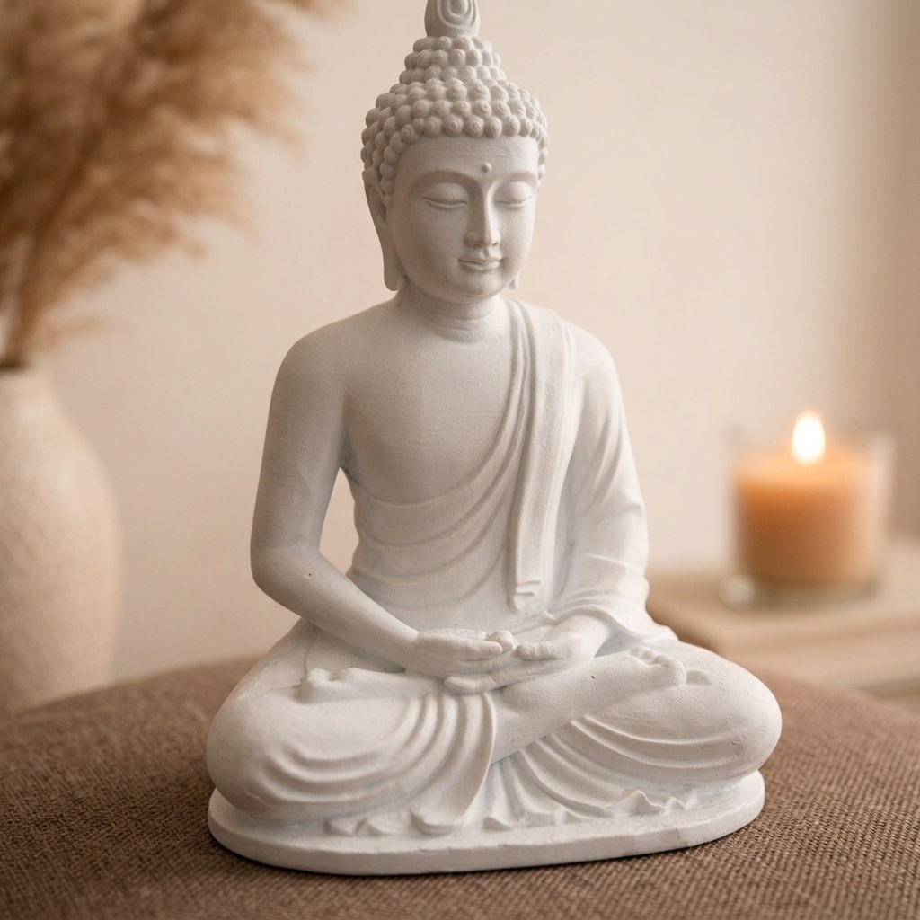 Imagem Estátua Buda Zen 12cm Branco – Decoração Oriental Minimalista para Sala Quarto Escritório Meditação