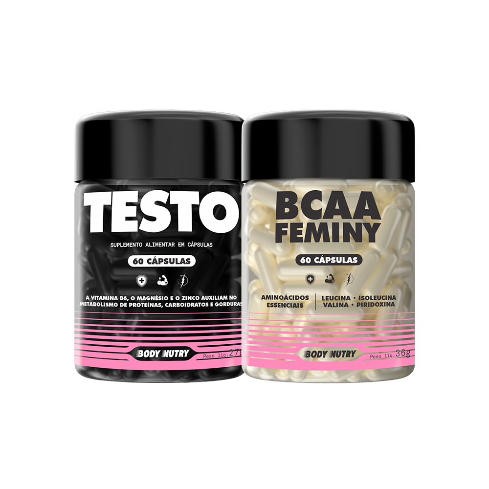 Kit Testo Feminino 60 Cáps + BCAA Feminy 60 Cáps  Acelera Recureperação e Apoio a Testo - Body Nutry