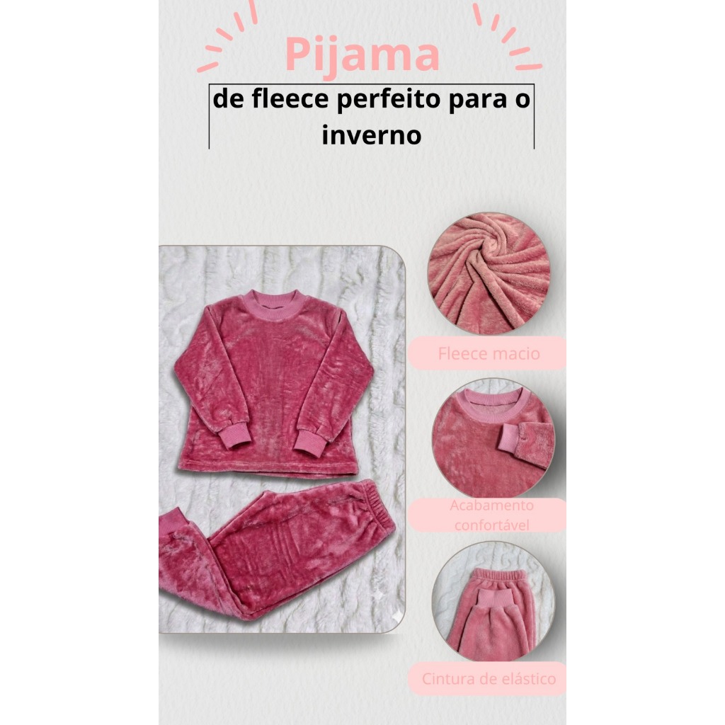 Conjunto Pijama Infantil Liso Fleece Peluciado Quentinho Menina Inverno Confortável