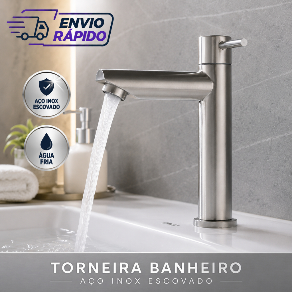 Torneira Luxo Banheiro Lavabo Pia Lavatório Aço Inox Escovado Baixa Bancada Bica Inoxidável Fria