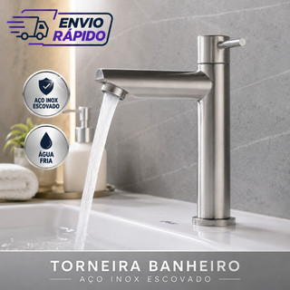 Torneira Luxo Banheiro Lavabo Pia Lavatório Aço Inox Escovado Baixa Bancada Bica Inoxidável Fria