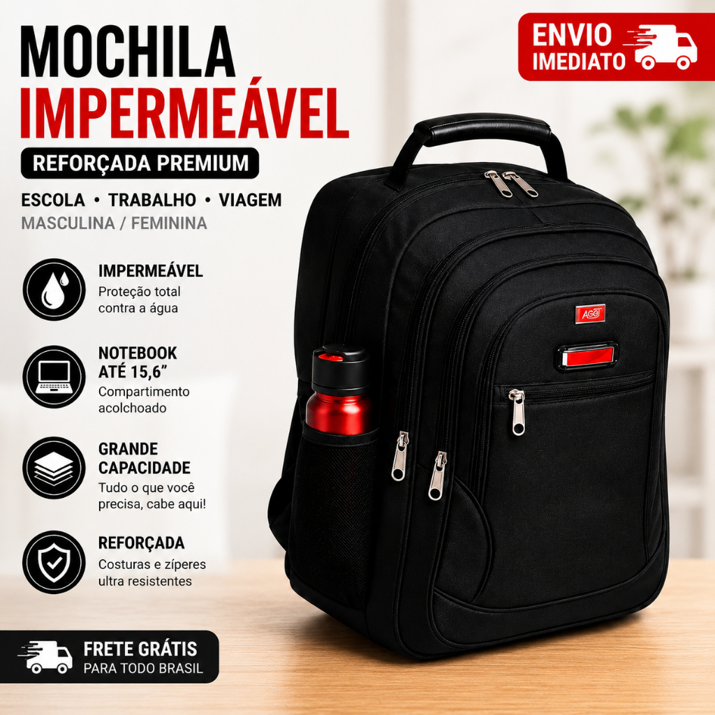 Mochila Impermeável Trabalho Notebook 15.6 Reforçada Grande Escolar Faculdade Viagem Masculina Feminina