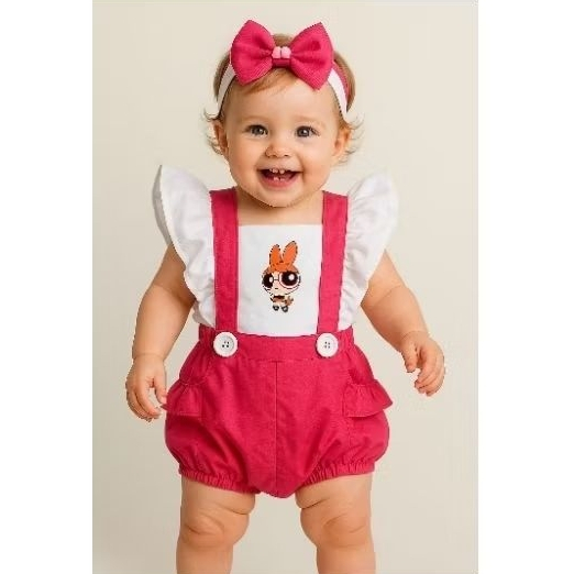 Romper / Salopete / Jardineira Body Bebê Mesversário Temático As Meninas Superpoderosas Lindinha/ Florzinha e  Docinho