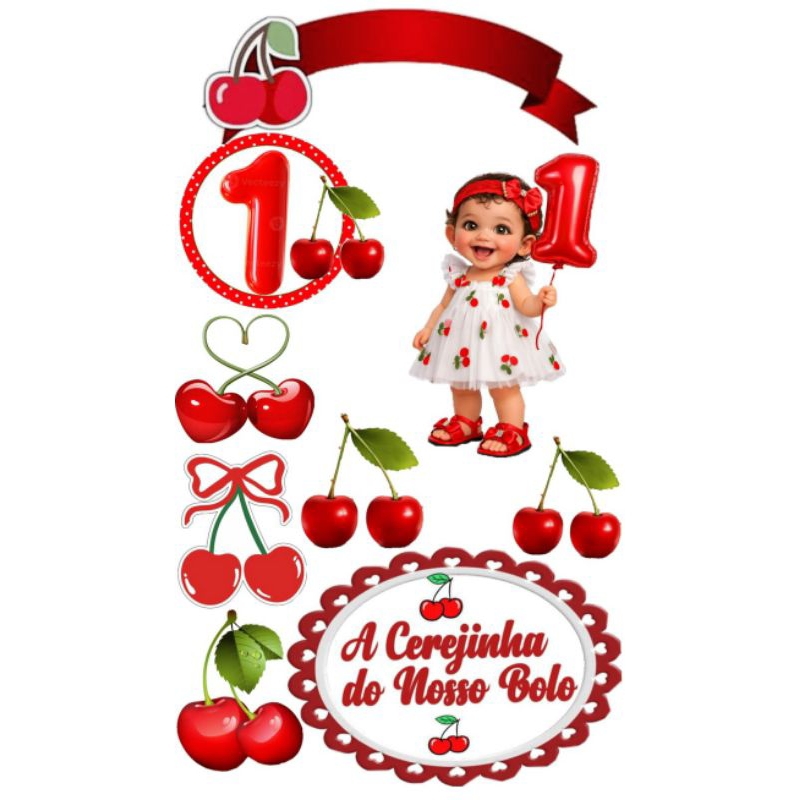 Topo de bolo cerejinha/cerejinha que faltava no nosso bolo personalizado com nome e idade envio rapido
