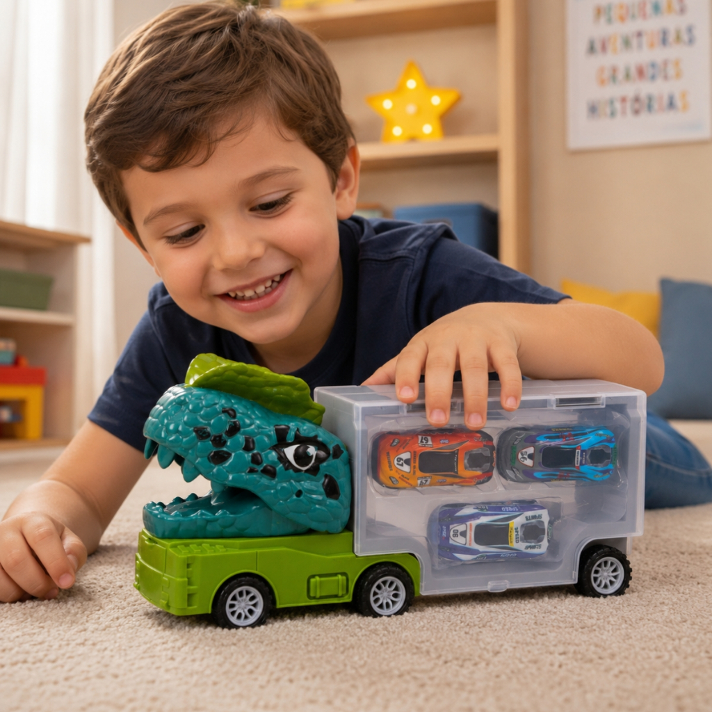 Brinquedo Carrinho Caminhão Dino C/ 3 Carrinhos De Fricção Para Crianças - Castela