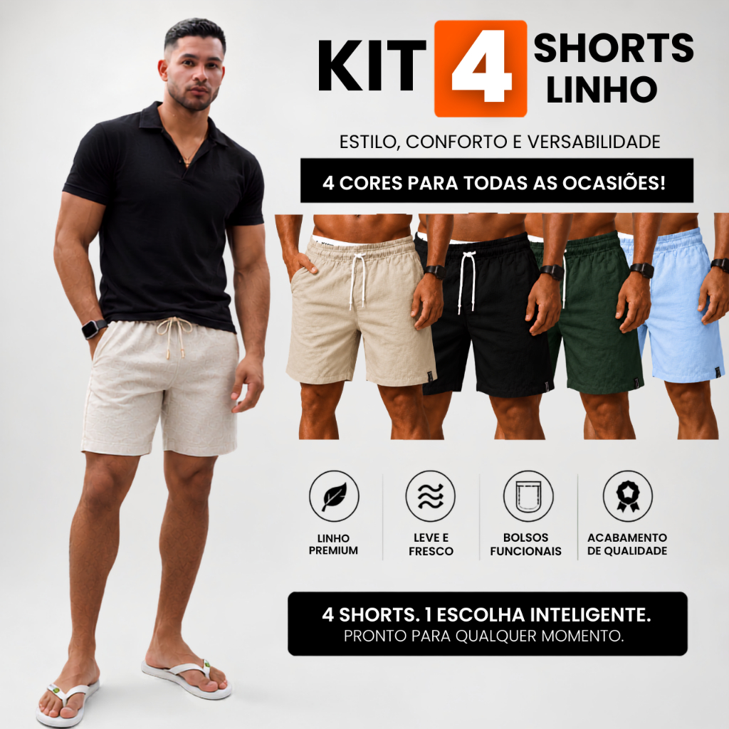 Kit 4 Shorts Linho Masculino Básico Mauricinho Premium - Bermuda em Linho moda Praia verão