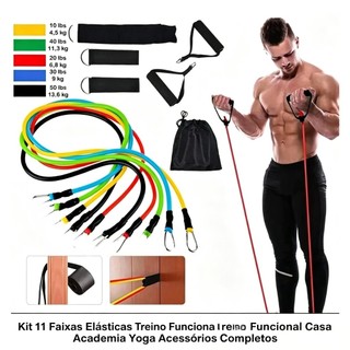 Kit 11 Faixas Elásticas Resistentes Treino Funcional Casa Academia Yoga Com Acessórios Completos