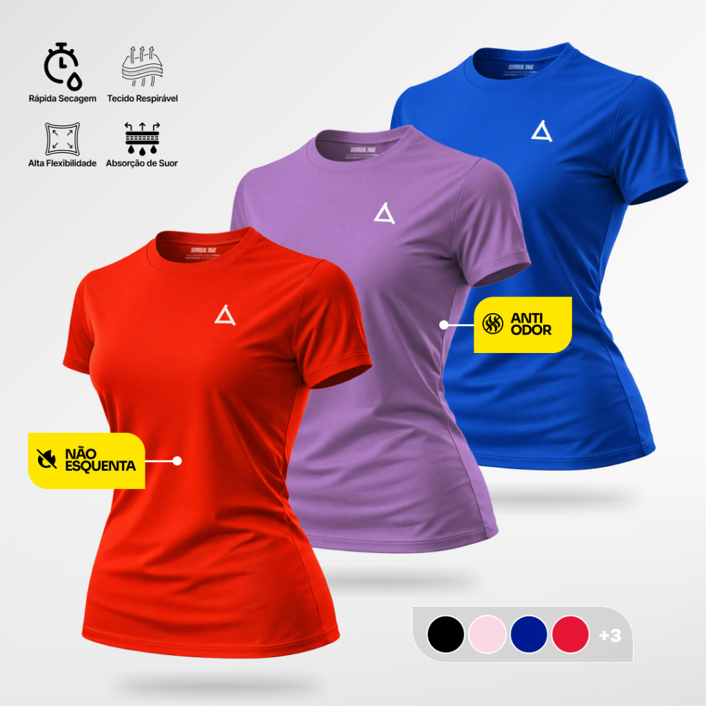 Kit 3 Camiseta Academia Femininas Proteção UV 50+ Blusa Dry Fit Slim Treino Musculação Caminhada