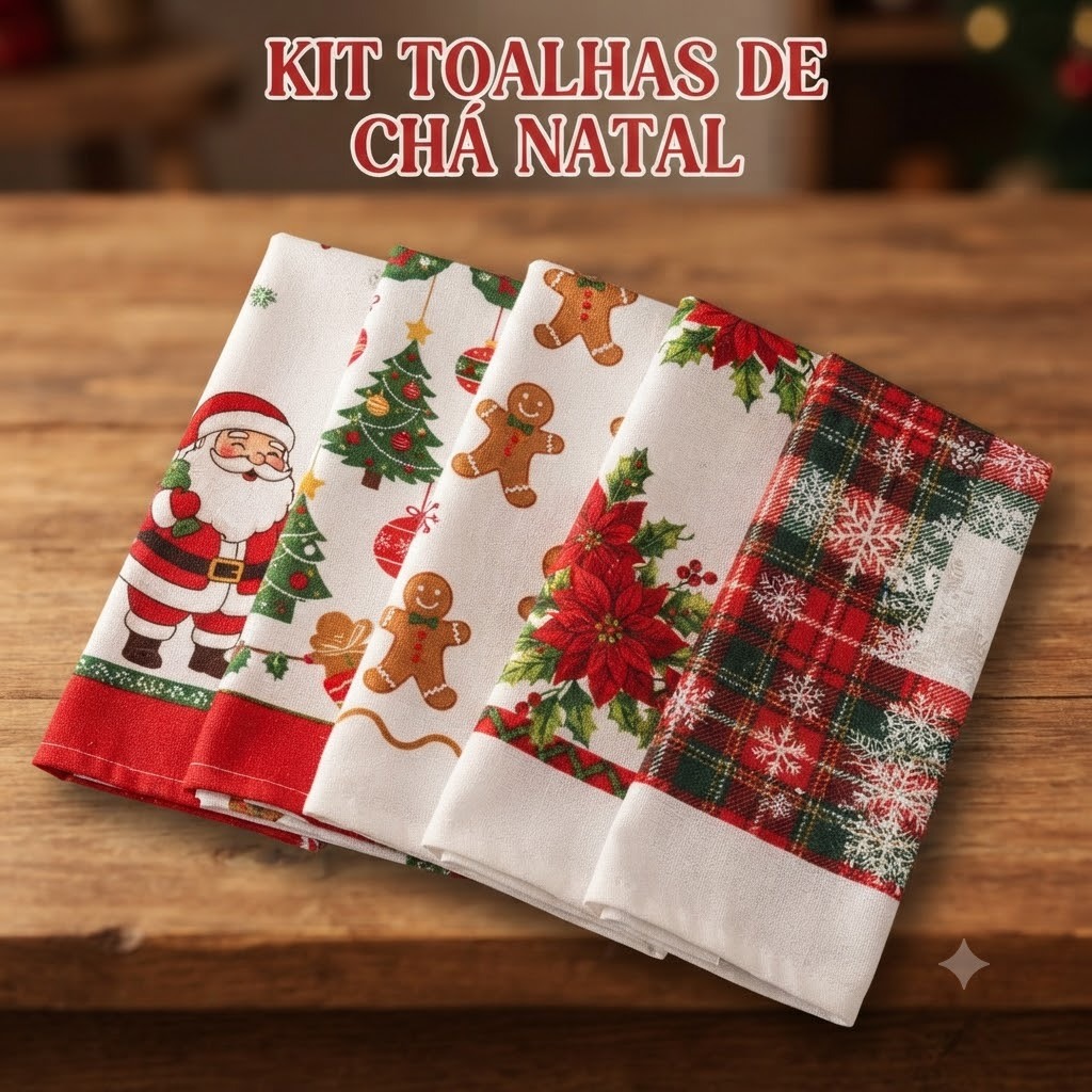 Kit 5 Toalhas de Chá Natal 90x70cm Oxford Estampas Natalinas Sortidas Decoração Mesa Posta Festiva